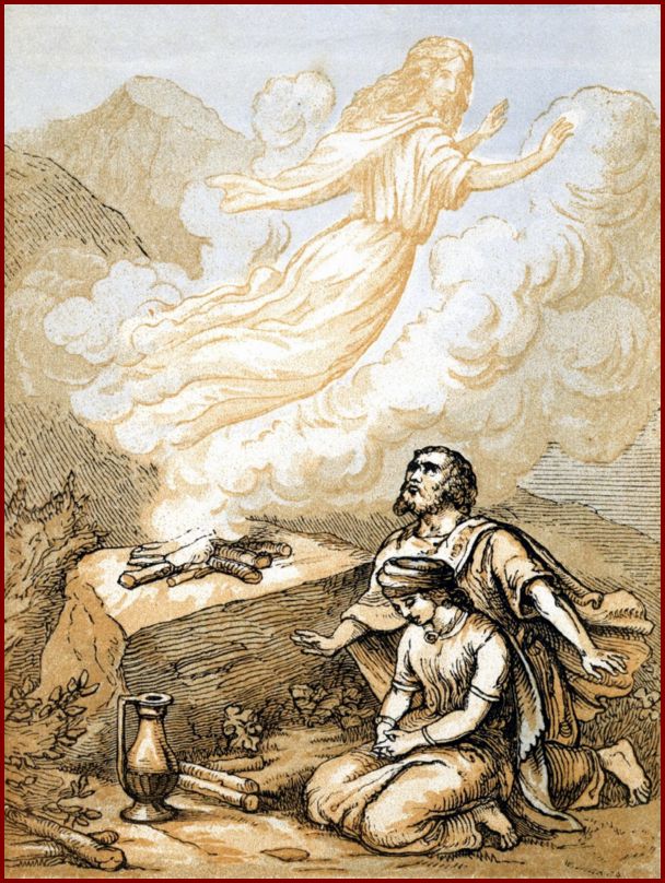 Manoah and his wife pray to an angel which emerges from the flame